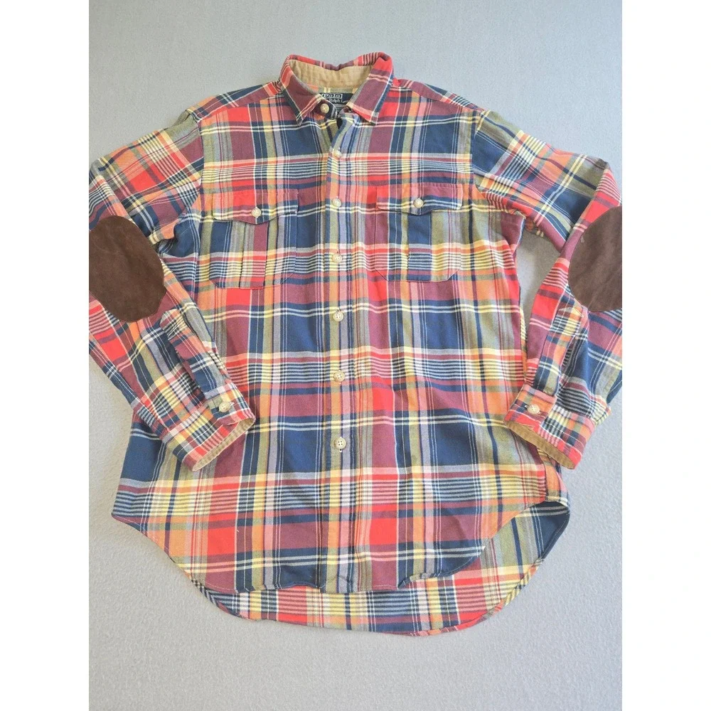 Polo Ralph Lauren Button Down Mens M Multicolor Plaid Suede Elbow Patches Cotton
